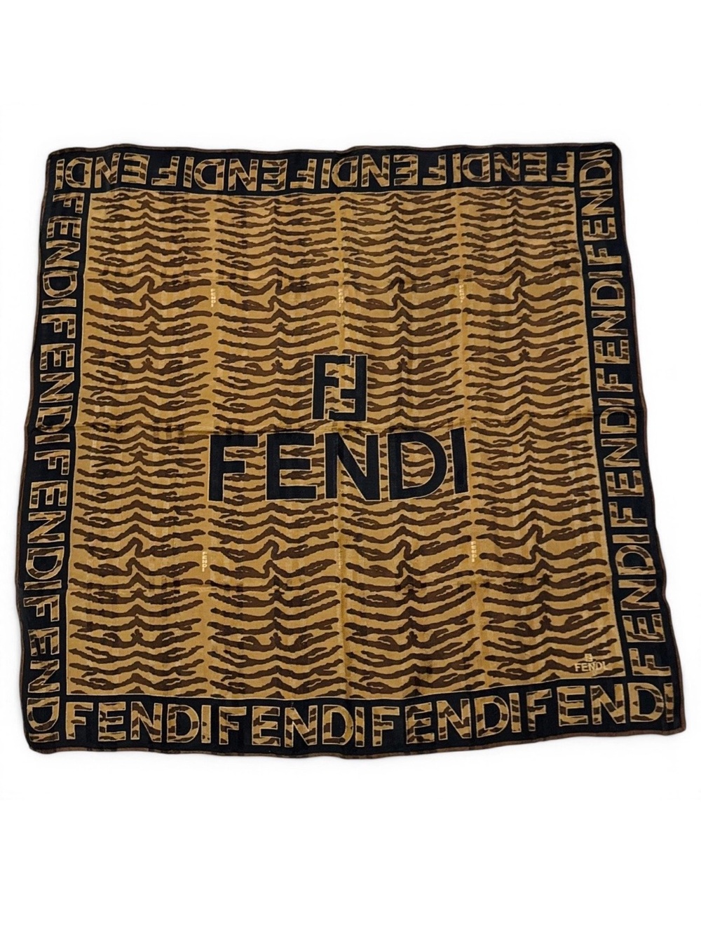 Fendi AUTHENTIC Vintage Logo FF Monogram Brown Black Zebra Small Scarf